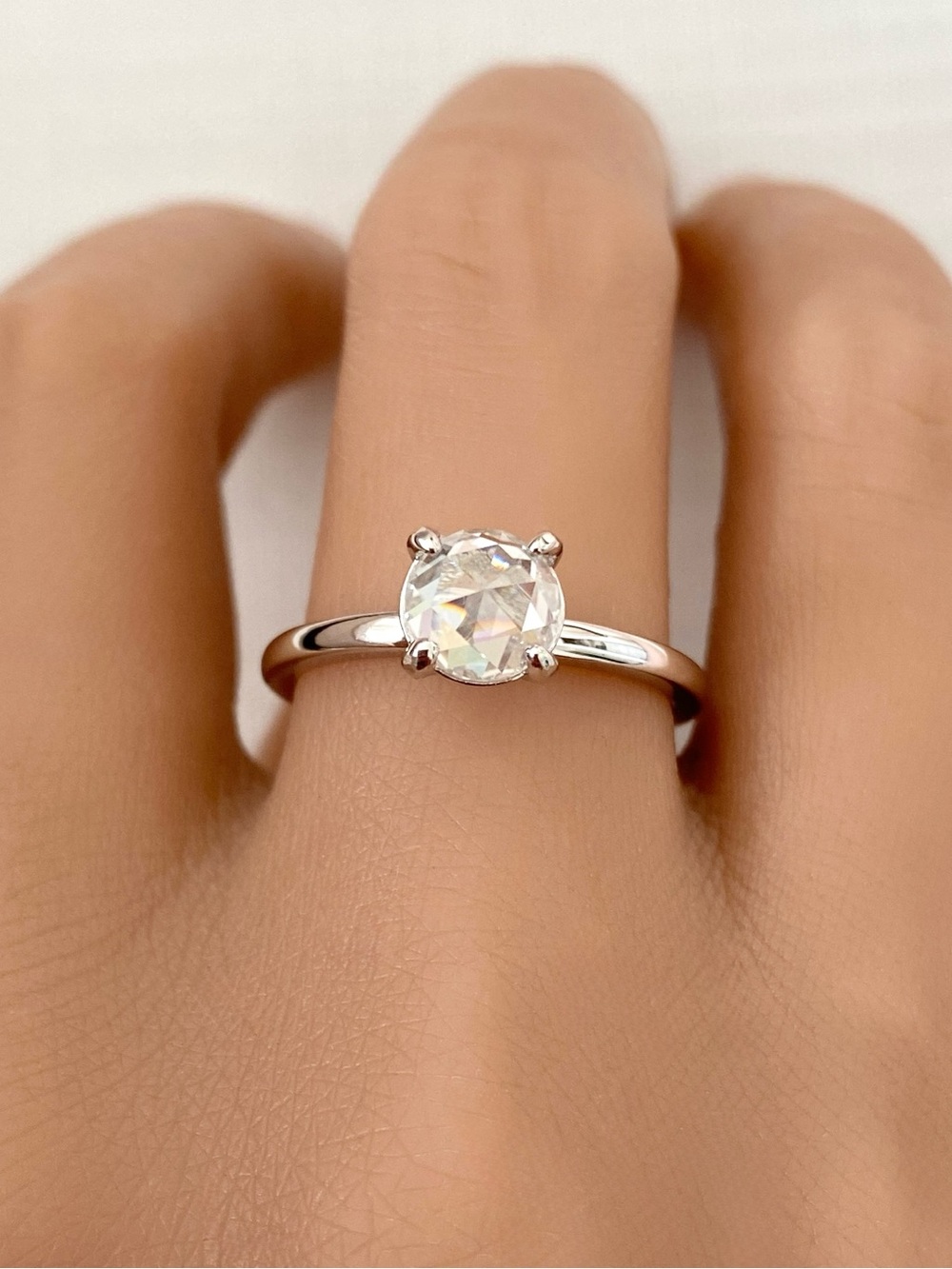 Round Cut Rose Cut Moissanite Diamond Sterling Silver Solitaire Engagement Ring